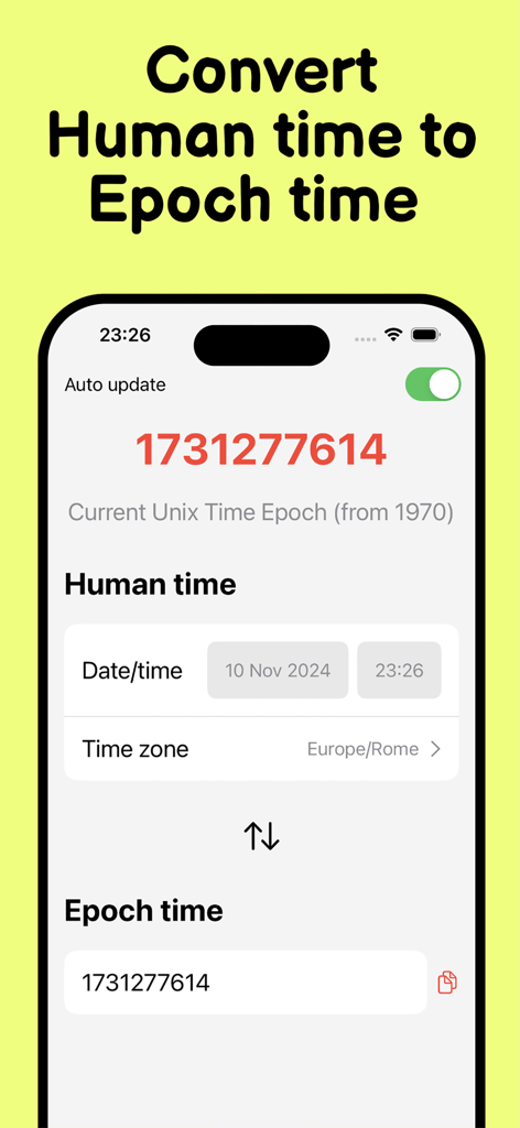 CUTE app screenshot showing human time to Unix epoch conversion
