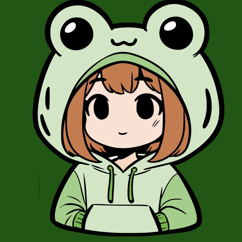 human girl wearing a frog hoodie