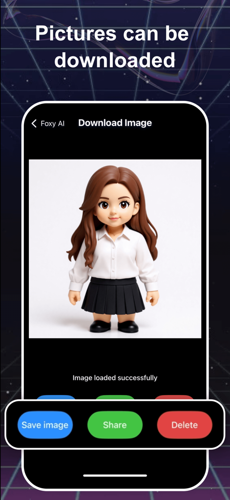 Foxy AI - Foxy AI app interface displaying a generated 3D anime character with options to save and share.