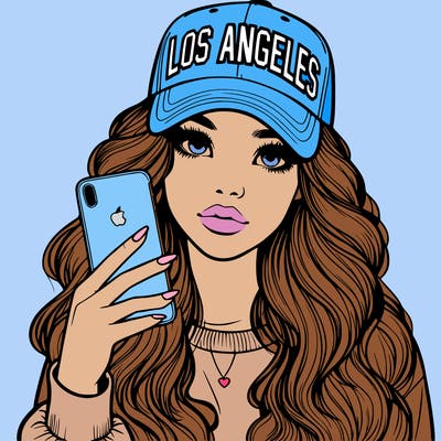 realistic beautiful girl wearing los ángeles cap holding an iphone