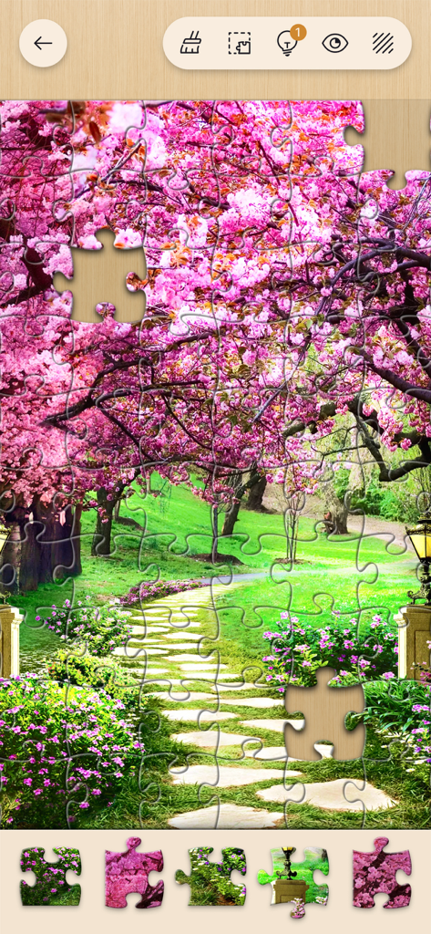 Jigsawscapes® - Jigsaw Puzzles - Puzzle digitale a incastro raffigurante un sentiero panoramico con alberi di ciliegio in fiore