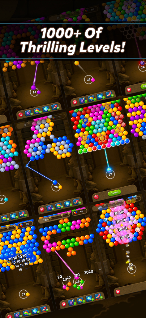 Bubble Pop Origin! Puzzle Game - Bubble Pop Originゲームの複数のカラフルなバブルシューターレベルを示すコラージュ。