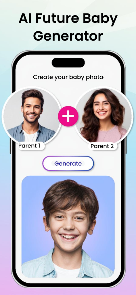Interfaz de la aplicación Generador de Rostros de Bebé Futuro-IA mostrando fotos de dos padres y una imagen generada del niño