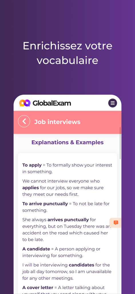 GlobalExam - Cours de langues - Interface de l'application GlobalExam montrant du vocabulaire et des définitions d'anglais des affaires pour les entretiens d'embauche