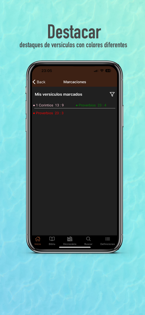 Biblia Reina Valera 1909 - Écran de smartphone montrant des versets bibliques surlignés en différentes couleurs dans l'application Reina Valera 1909