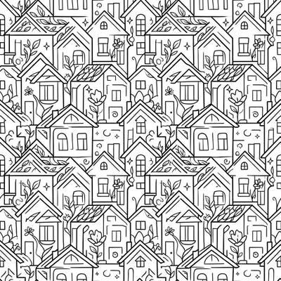 Discover a charming world where houses interlock in a beautiful, repeating pattern, all celebrating the joy of spring. This intricate tessellation features blooming flowers and fresh leaves, inviting you to add vibrant colors to every cozy home.