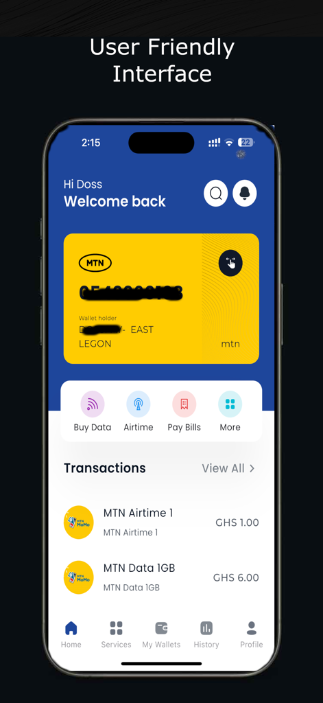 KiKi - KiKiモバイルアプリのホーム画面。通信時間とデータ購入オプション、取引履歴が表示されます。