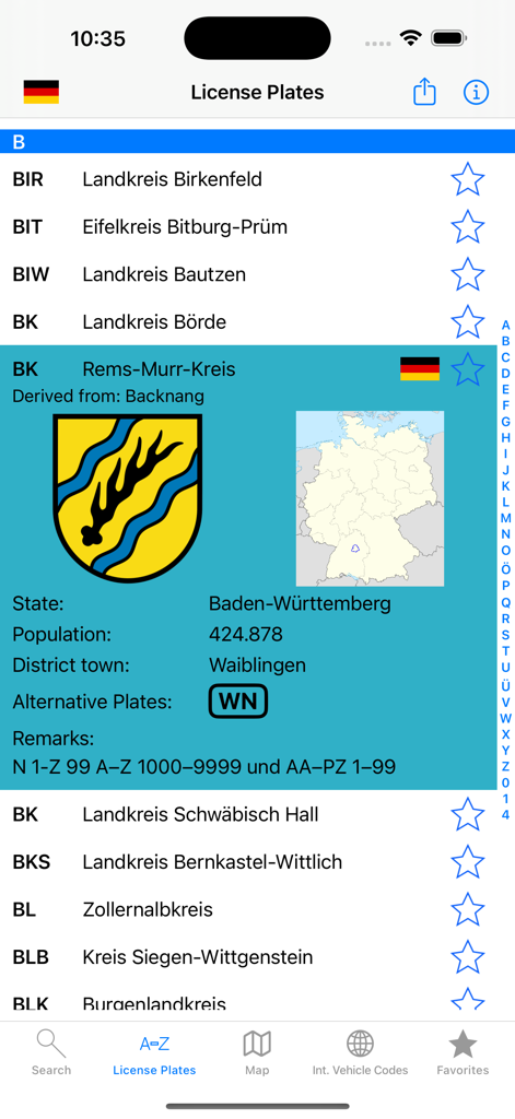 License Plate Finder - L'app Trova Targa visualizza informazioni regionali dettagliate per il codice di targa BK in Germania