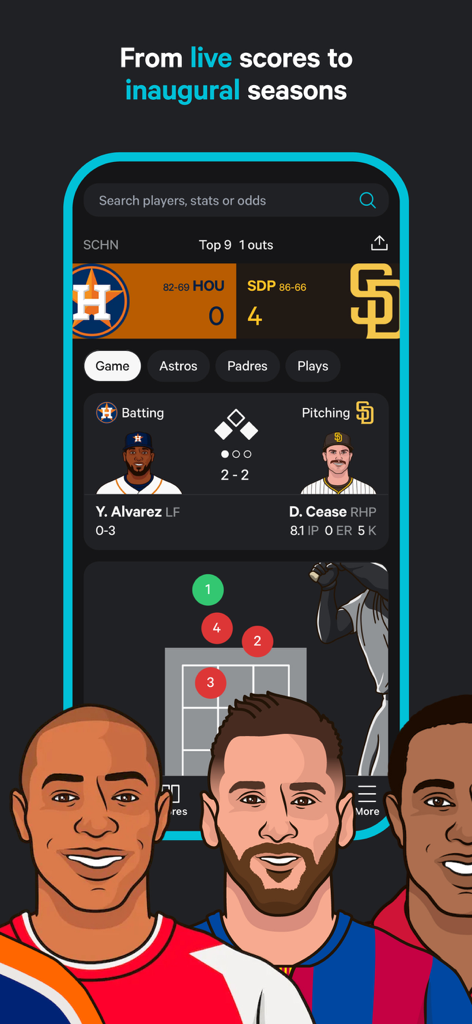 StatMuse mobile app screen showing live MLB game scores and illustrated sports player portraits.
