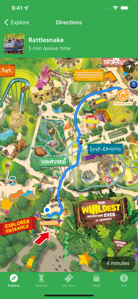 Screenshot of the Chessington Resort app showing a theme park map with a blue navigation path to the Rattlesnake ride and live queue times