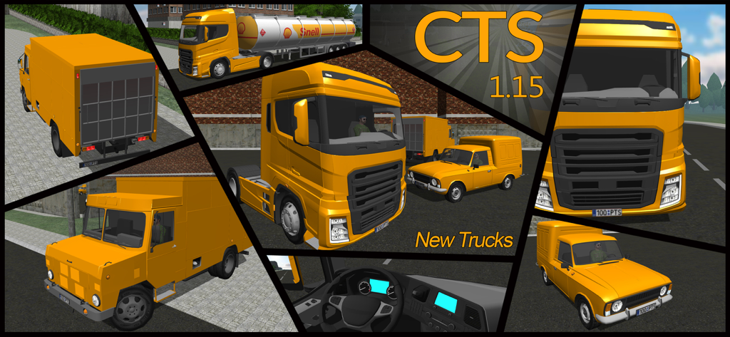 Cargo Transport Simulator - Collage of yellow semi trucks and delivery vehicles in Cargo Transport Simulator CTS.