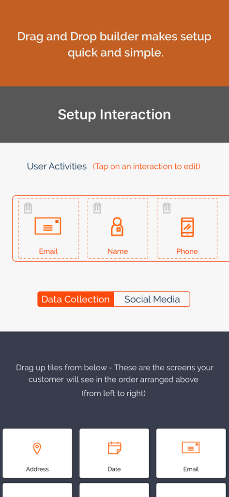 OnSpot Socialのドラッグ＆ドロップビルダーのインターフェース。リード収集フォームの設定に使用します。