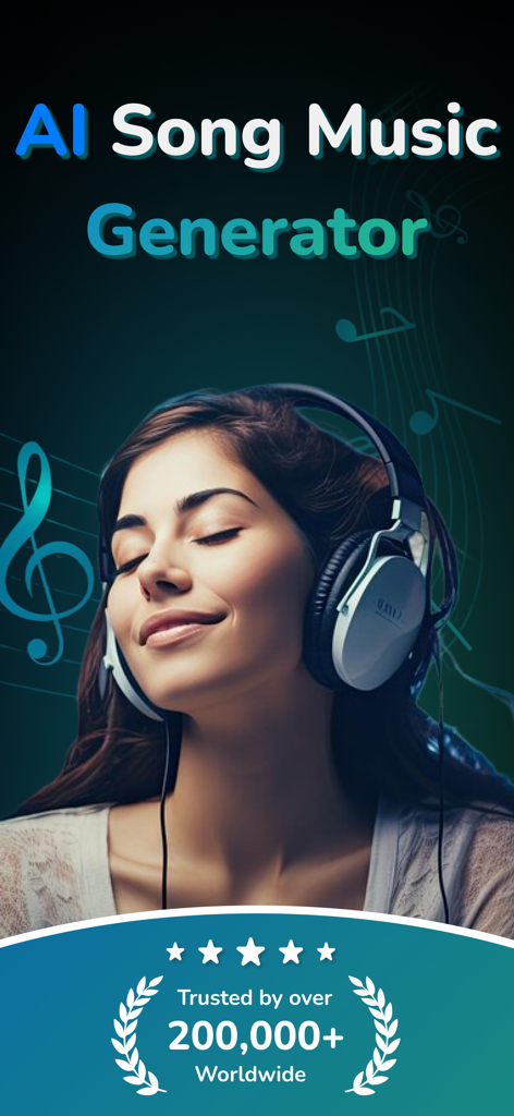 AI Song Maker ~ SuperAI Music - Woman wearing headphones listening to music with AI Song Music Generator text and musical notes background