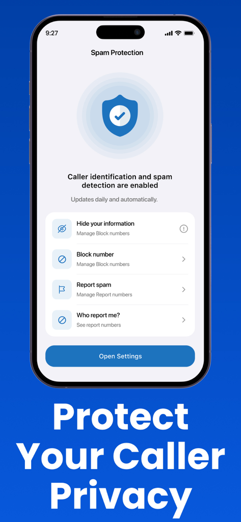 Spam protection dashboard in the CallerID app showing caller privacy and number blocking settings.