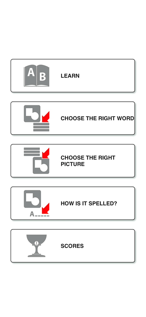 Learn and play Russian + - Menú principal de la aplicación Aprende y juega ruso mostrando modos de juego que incluyen Aprender, emparejar palabras, asociar imágenes, pruebas de ortografía y puntuaciones.