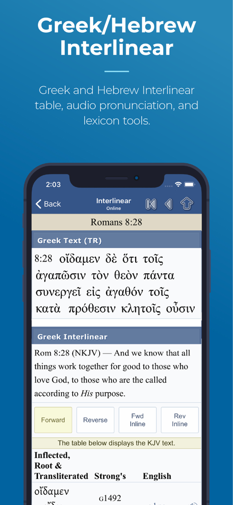 Blue Letter Bible - Blue Letter Bible app displaying Greek interlinear text and lexicon study tools for biblical analysis