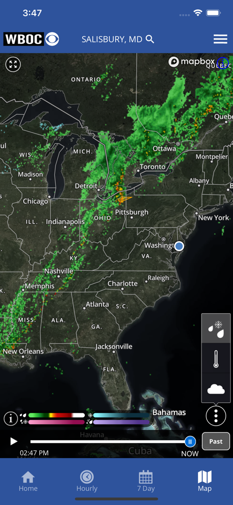 WBOC Weather app screenshot displaying a high resolution interactive radar map for the Salisbury Maryland area