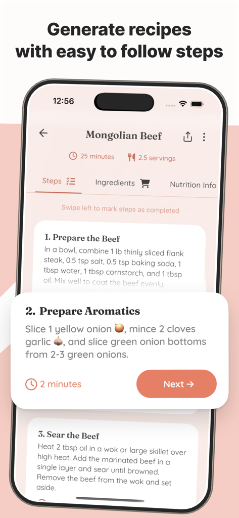 Whisk: Recipe Keeper & Planner - Screenshot of the Whisk app displaying easy to follow numbered cooking steps for a Mongolian Beef recipe