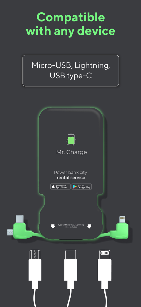 Mr. Charge - Mr. Charge portable power bank showing universal compatibility with built-in Micro-USB Lightning and USB Type-C cables