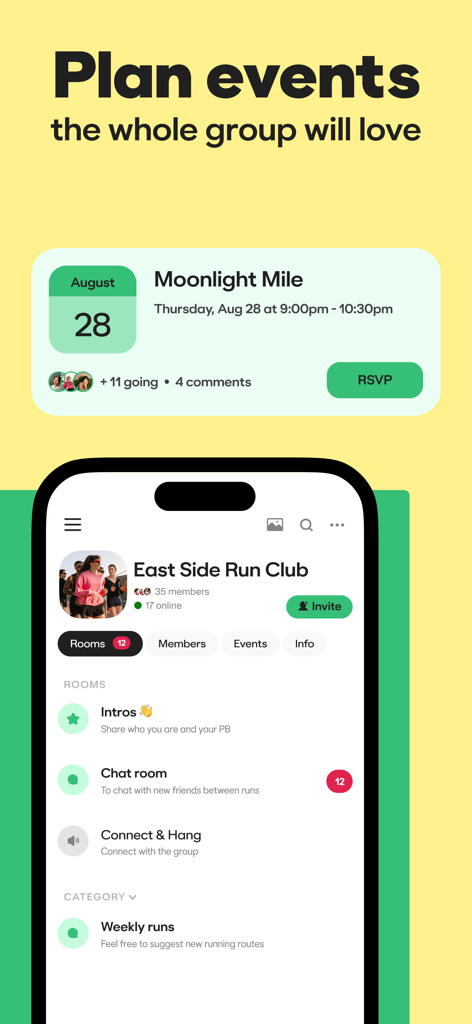 Bumble BFF app interface showing a run club group with event planning features and community chat rooms