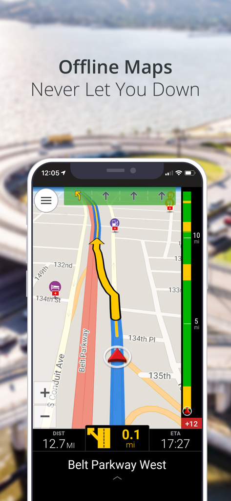 CoPilot GPS Navigation - Smartphone che visualizza l'interfaccia di navigazione offline CoPilot GPS con assistenza di corsia e avvisi sul traffico