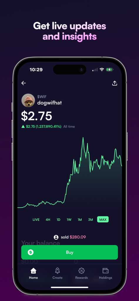 ­Moonshot - Interfaz de la aplicación Moonshot que muestra un gráfico de precios de la memecoin dogwifhat con un botón de compra