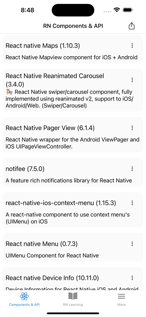A list of React Native components and APIs like Maps and Carousel in the Expo explorer app.