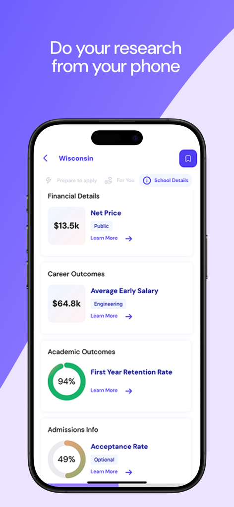 Mobile app screen displaying university financial and career outcome data