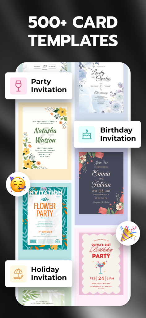 Invitation Maker + RSVP - Coleção de modelos de cartões de convite para eventos de festa, aniversário, feriado e casamento
