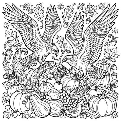 Discover a stunning Thanksgiving harvest scene featuring two magnificent ospreys. This intricate coloring page combines the beauty of nature with the abundance of autumn.