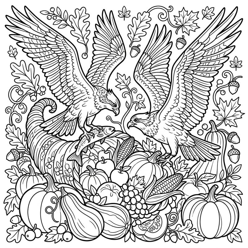 Discover a stunning Thanksgiving harvest scene featuring two magnificent ospreys. This intricate coloring page combines the beauty of nature with the abundance of autumn.