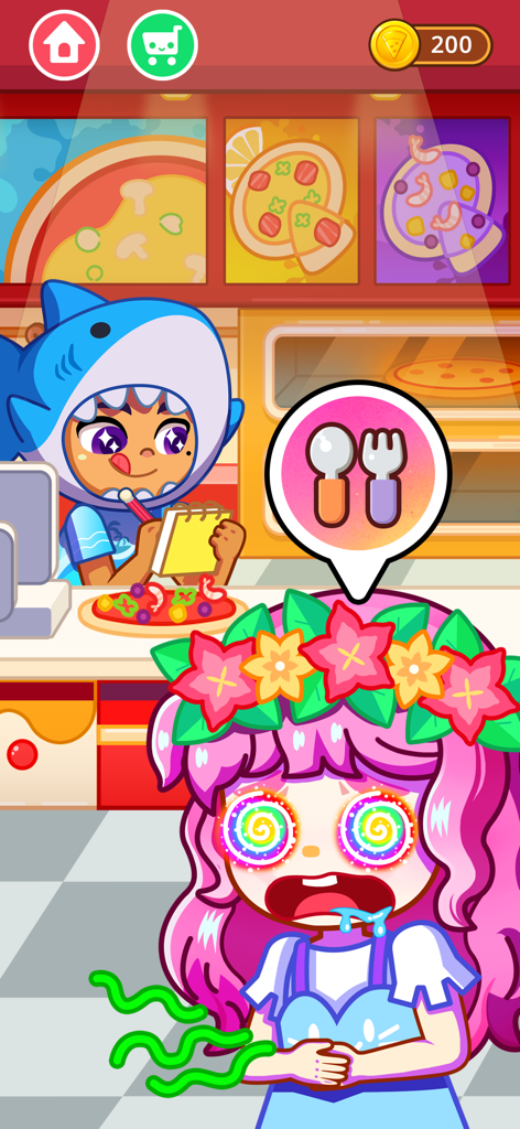Pizza Games for kids - Um personagem de desenho animado com cabelo rosa e uma coroa de flores tendo uma reação engraçada em um jogo de pizzaria para crianças.