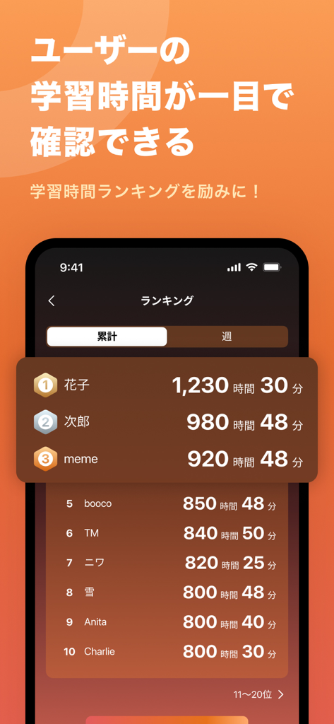 1000時間ヒアリングマラソン-英語/英会話のリスニング学習 - A ranking screen in the 1000-Hour Hearing Marathon app showing user study times and student leaderboard