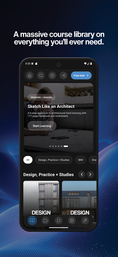 ArchAdemia mobile app interface showcasing a library of professional architecture courses like Sketch Like an Architect