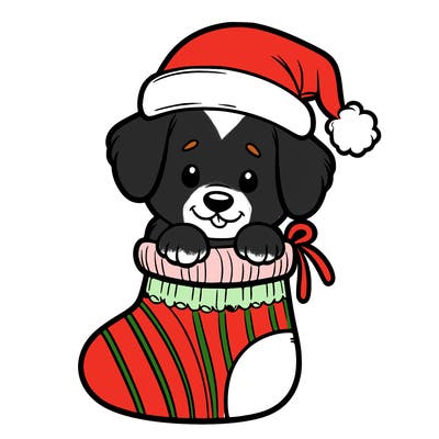 cute puppy wearing santa hat in socking
