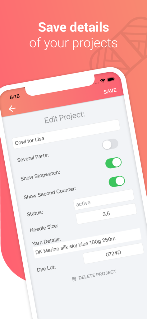Project management screen in the Easy Knitty app showing fields for needle size yarn details and dye lot information