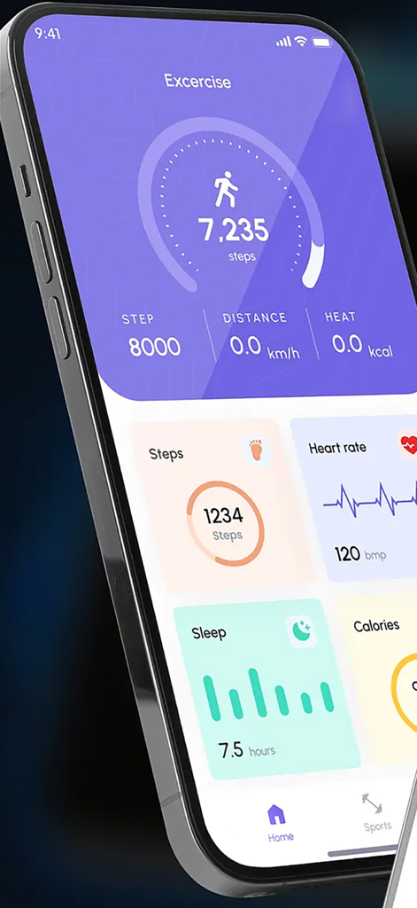 Watch Sync App - BT Smartwatch - Tableau de bord de l'application Watch Sync affichant les pas quotidiens, le rythme cardiaque et les métriques de sommeil.