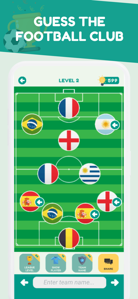 Guess the Football Team 2026 - A football trivia game screen where players guess the club based on a lineup of national flags.