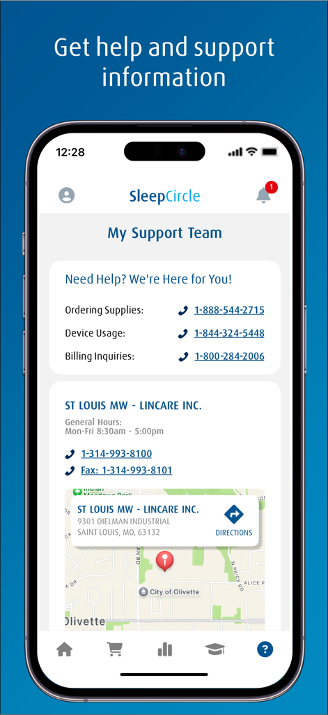SleepCircle - Screenshot of the SleepCircle app support screen showing contact number s for supplies an d billing plus a local Lincare office map.