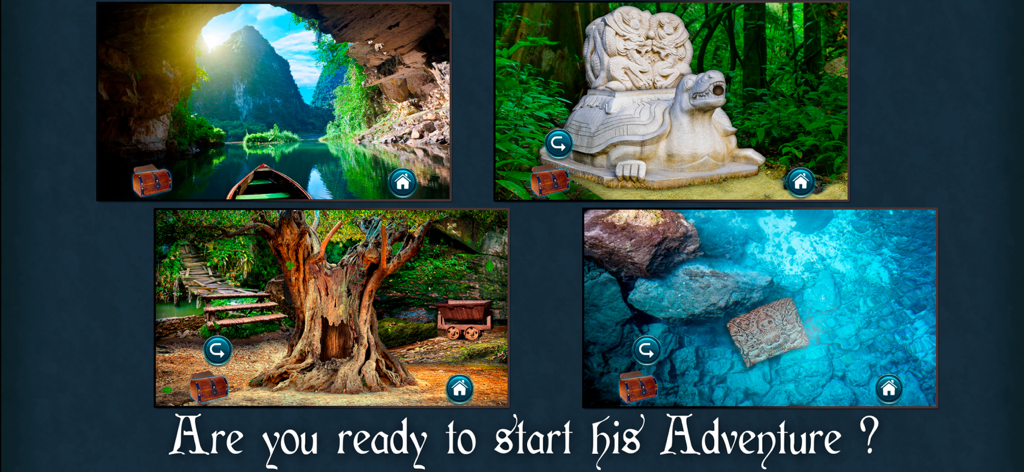 Four gameplay screenshots of The Lost Fountain adventure game showing mysterious jungle and cave environments.