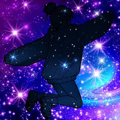 realistic girl jumping with a bun and oversized sweatshirt