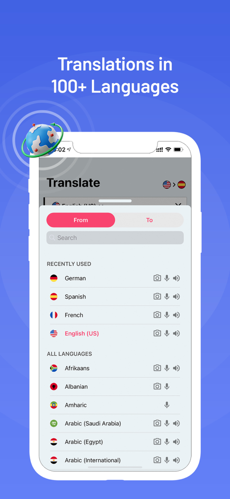 Translator X app interface showing the language selection menu with over 100 options