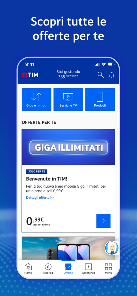The MyTIM app interface displaying personalized mobile data offers and service categories