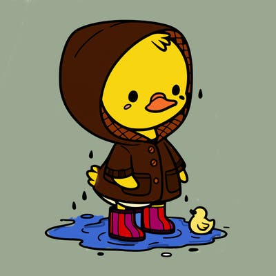 baby duck in a rain coat and boots, in a puddle while it’s raining