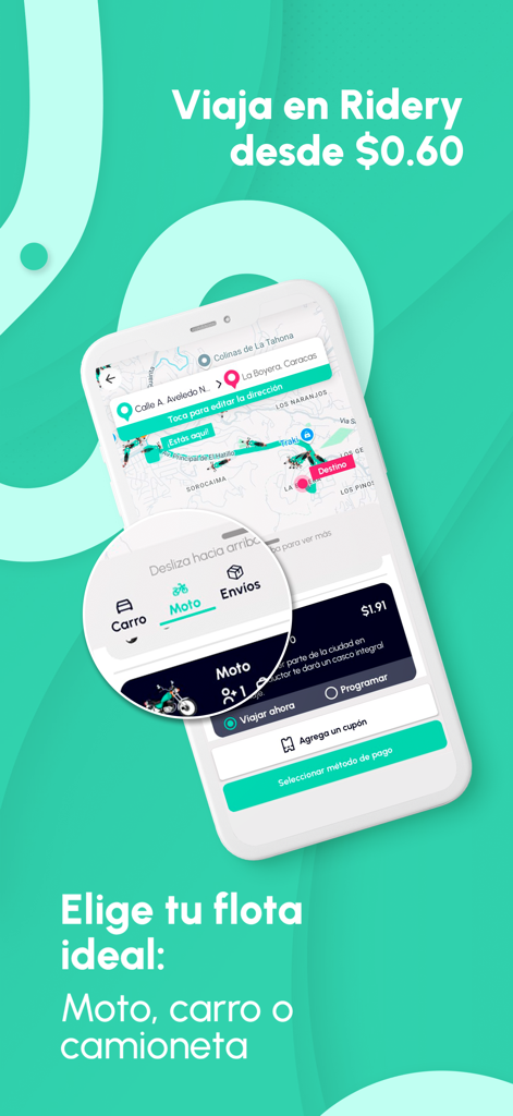 Ridery: Safety rides - Ridery app screen showing vehicle options including motorcycles and cars with pricing for a trip in Caracas Venezuela
