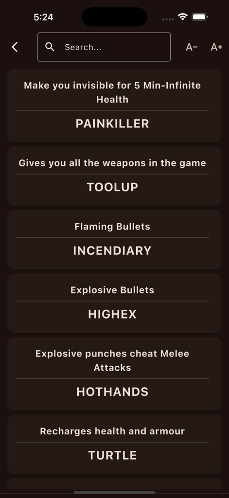 GTA 5 Cheat Codes & Missions - Interfaccia dell'app mobile che mostra i codici trucchi di GTA 5 per armi e salute