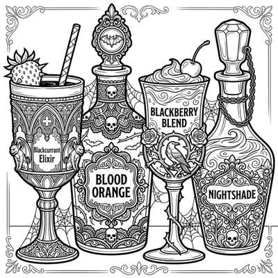 Indulge your artistic side with this captivating coloring page featuring Gothic-inspired smoothies and juices. Discover intricate designs of dark elixirs and mysterious blends, perfect for a unique coloring experience.