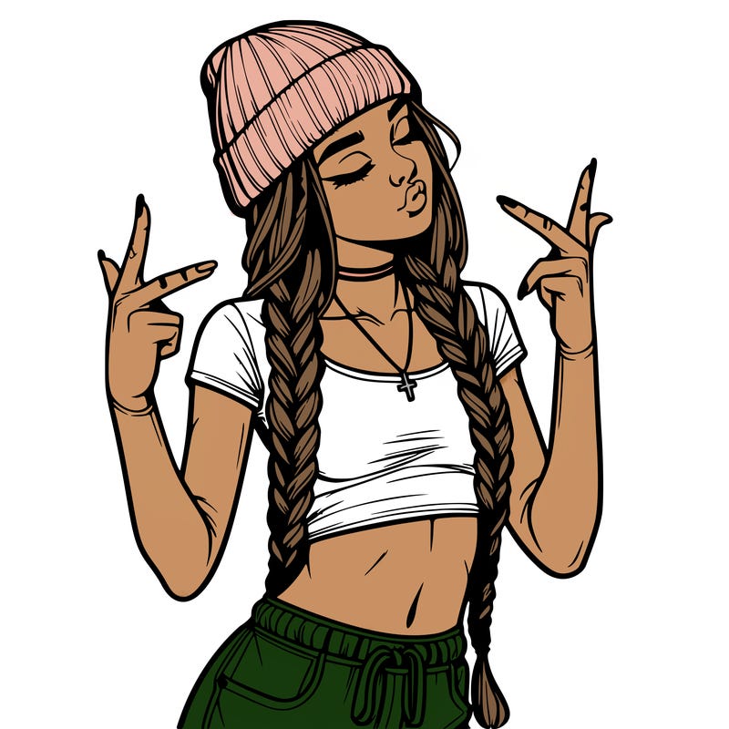 realistic teenage girl with braids and a beanie and crop top doing 🫶🏼