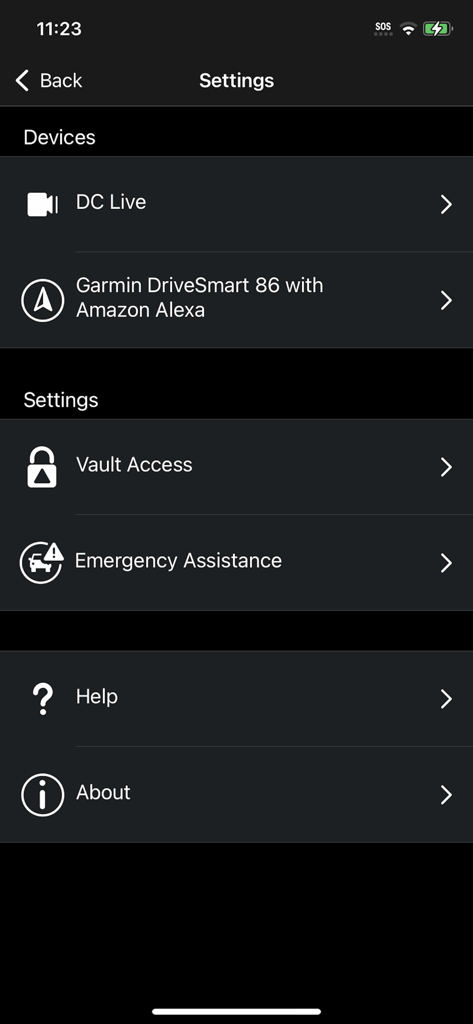 Settings menu in the Garmin Drive app showing connected devices and safety features like vault access and emergency assistance