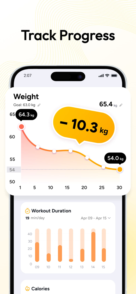 Pilates at Home, Wall Pilates - A mobile app interface showing a weight loss chart and daily workout duration statistics for tracking Pilates progress.